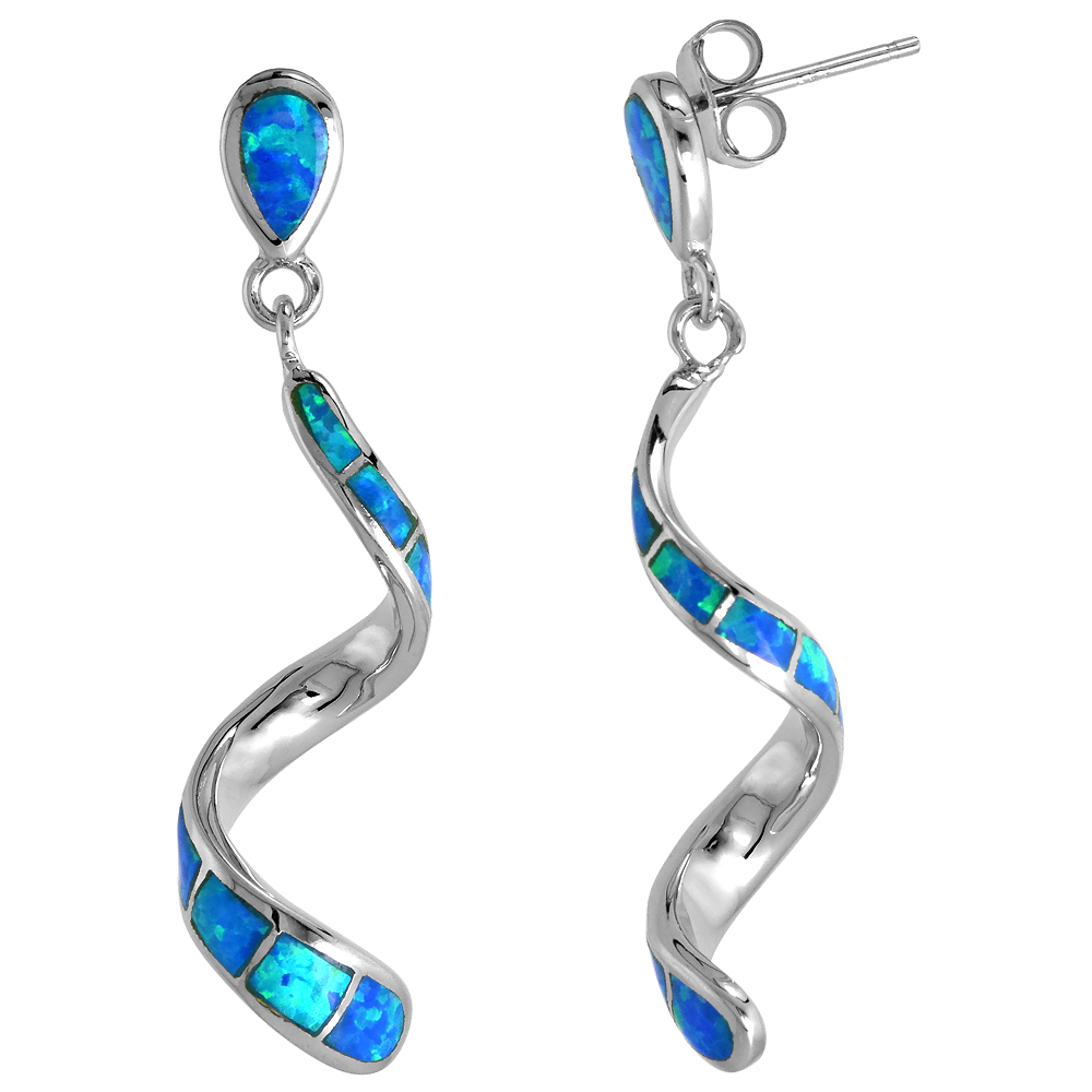 STERLING SILVER SYNTHETIC BLUE OPAL SWIRL SPIRAL POST DANGLE EARRINGS FOR WOMEN 1.5 INCH LONG