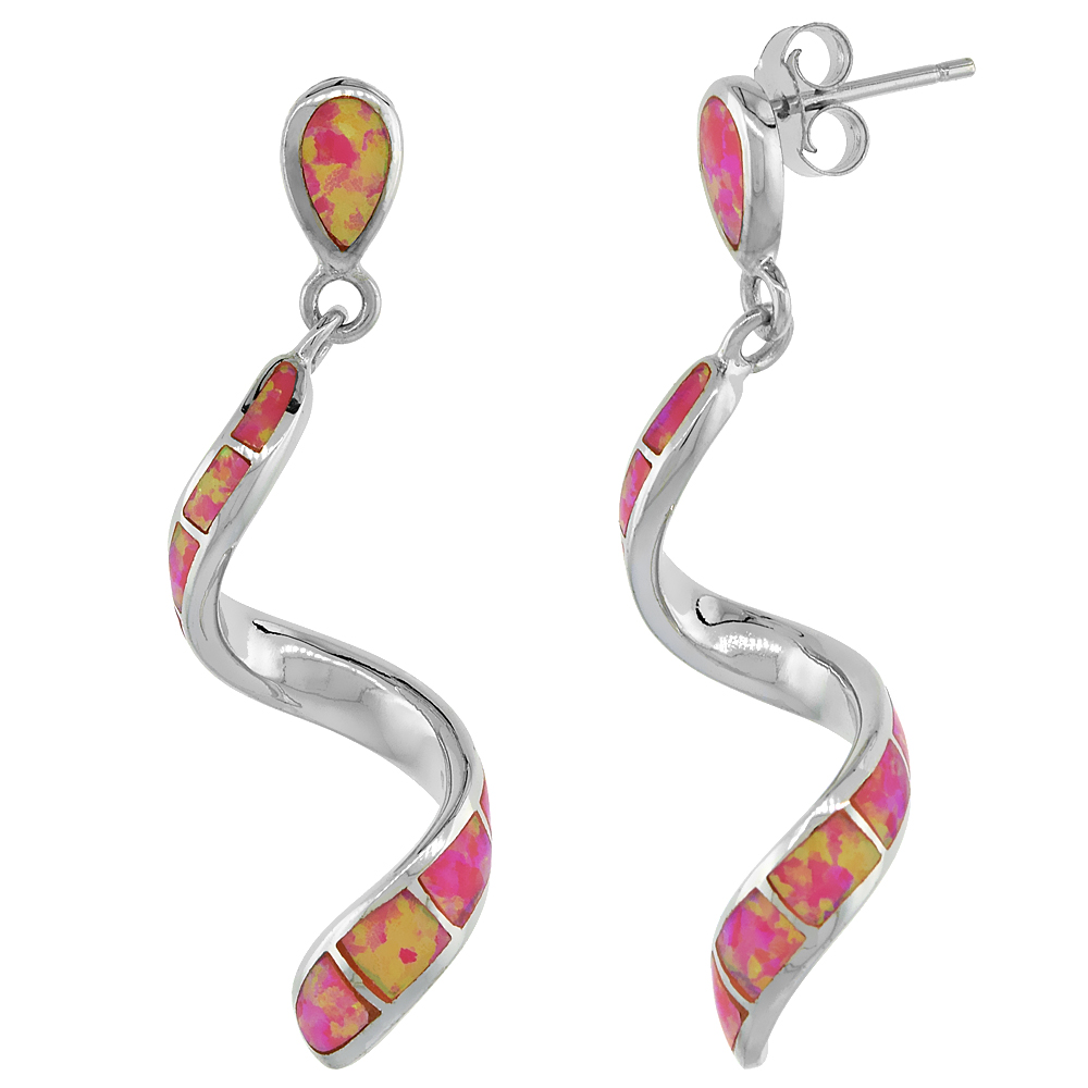 STERLING SILVER SYNTHETIC PINK OPAL SWIRL SPIRAL POST DANGLE EARRINGS FOR WOMEN 1.5 INCH LONG