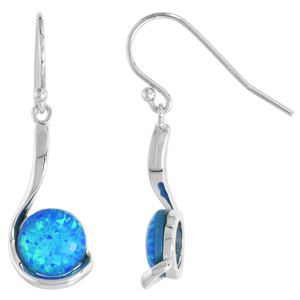 Sterling Silver Synthetic Opal Dangle Earrings Fishhook back 9mm Round Cabochon Half Bezel