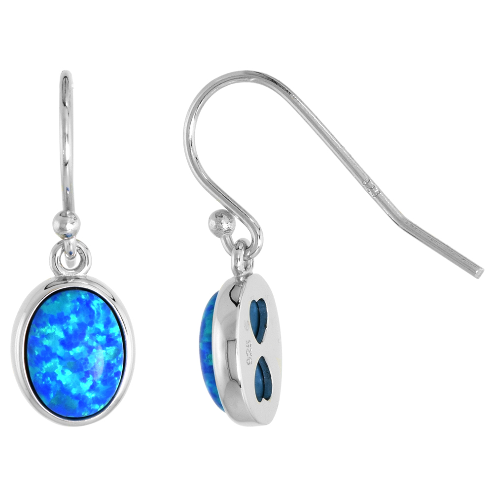 STERLING SILVER SYNTHETIC OPAL DANGLE EARRINGS FISHHOOK BACK 8X6MM OVAL CABOCHON BEZEL SET