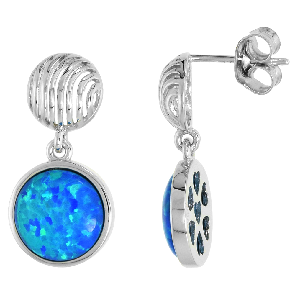 Sterling Silver Synthetic Opal Dangle Earrings Half Ball Post 10mm Round Cabochon Bezel Set
