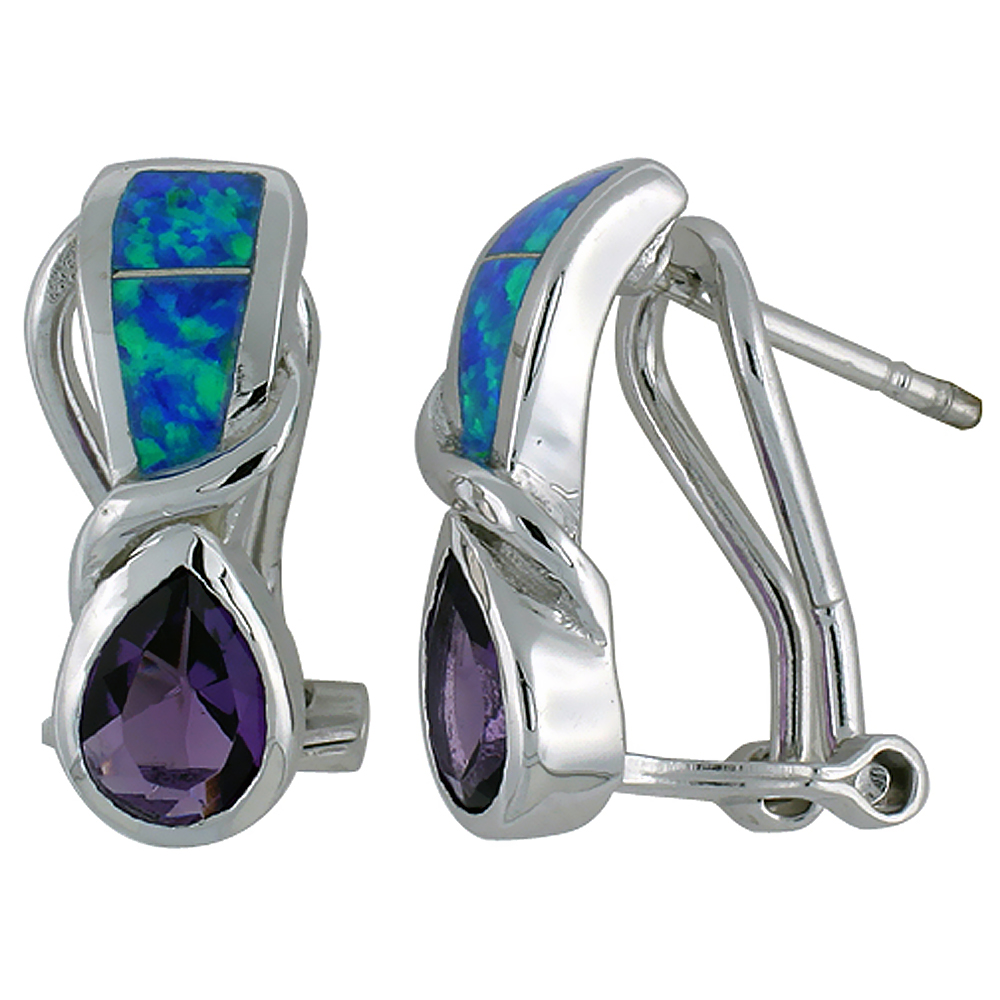 STERLING SILVER SYNTHETIC BLUE OPAL EARRINGS OMEGA BACK TEARDROP AMETHYST CZ, 3/4 INCH
