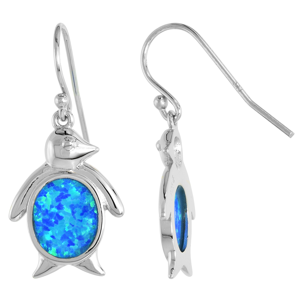 STERLING SILVER SYNTHETIC OPAL PENGUIN DANGLE EARRINGS FISHHOOK BACK 10X8MM OVAL INLAY