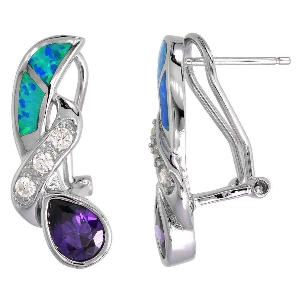 STERLING SILVER SYNTHETIC OPAL EARRINGS TEARDROP AMETHYST CUBIC ZIRCONIA OMEGA BACK, 7/8 INCH