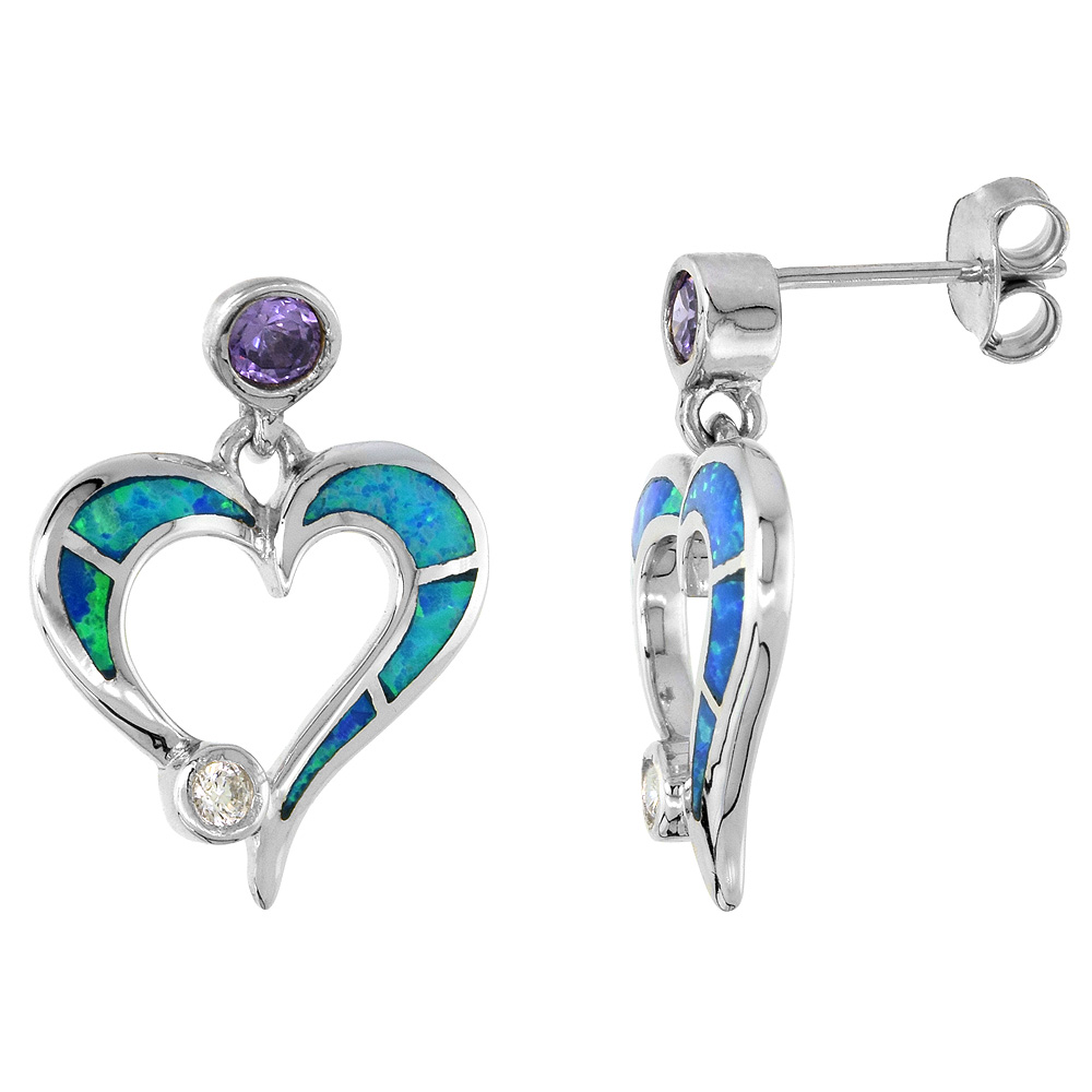 STERLING SILVER OPEN HEART EARRINGS SYNTHETIC BLUE OPAL WHITE AND PURPLE CUBIC ZIRCONIA, 7/8 INCH WIDE
