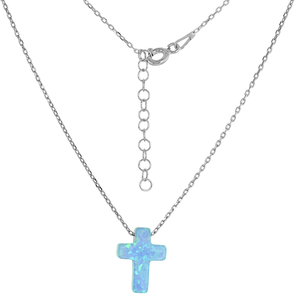 STERLING SILVER CROSS NECKLACE SYNTHETIC OPAL 16 INCH + 2 INCH EXTENSION