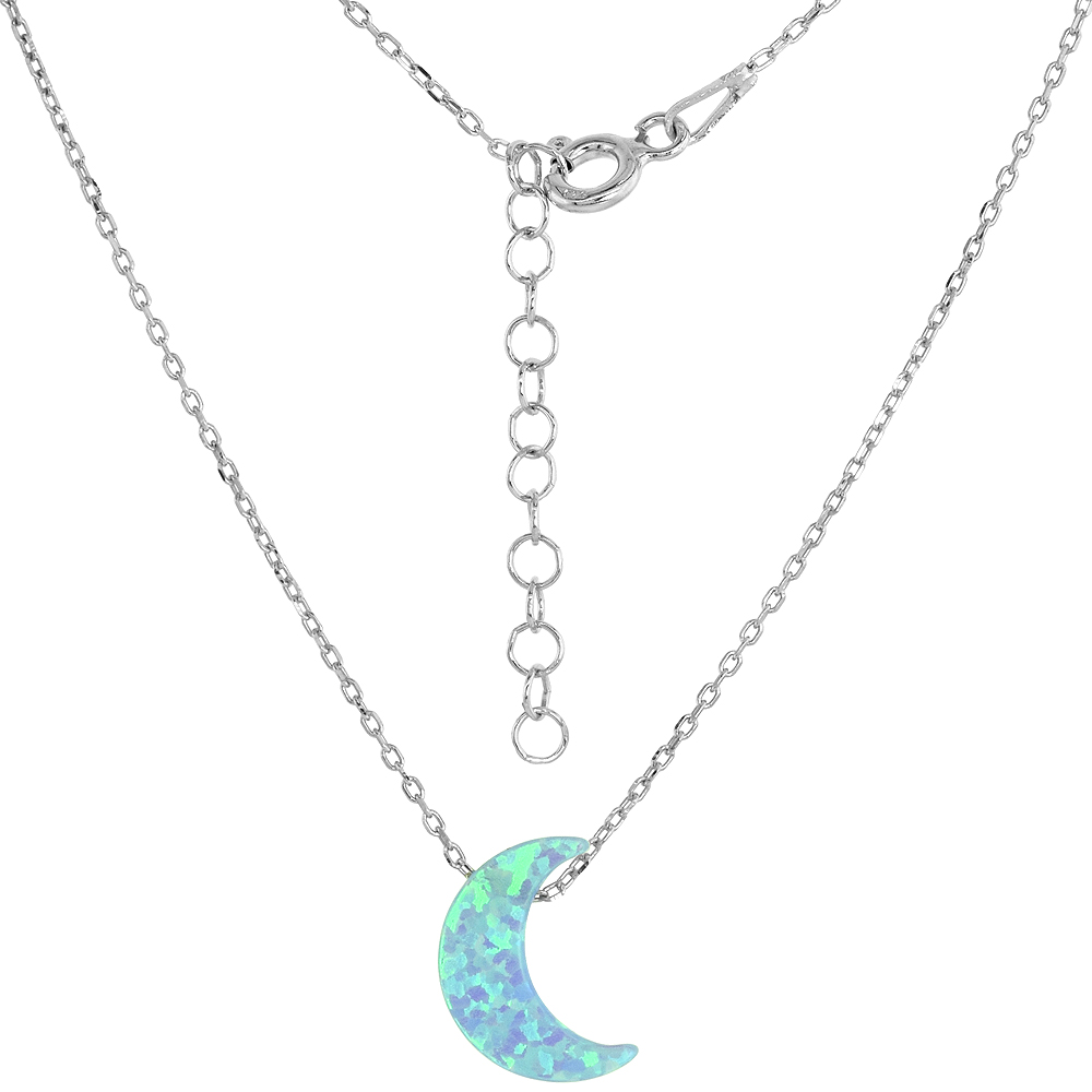 Sterling Silver Crescent Moon Necklace Synthetic Opal 16 inch + 2 inch extension