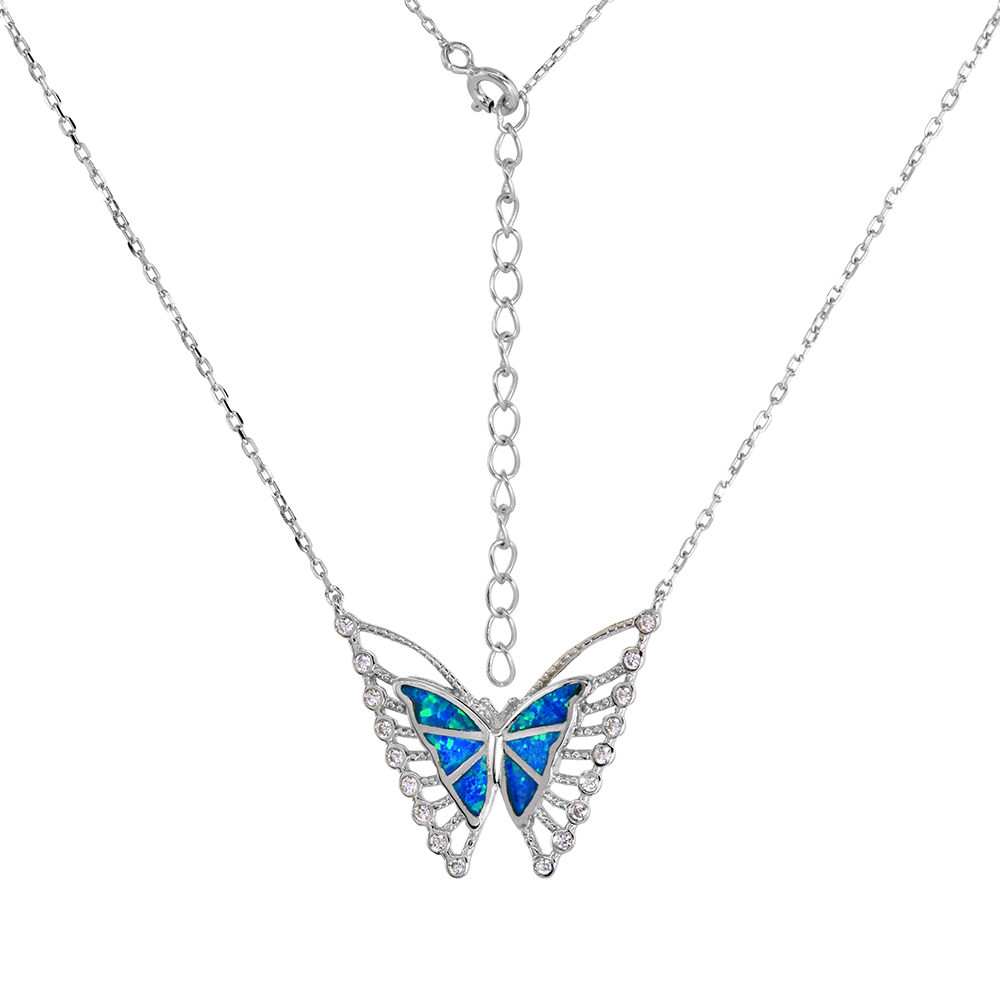 STERLING SILVER SYNTHETIC OPAL BUTTERFLY NECKLACE FOR WOMEN CUBIC ZIRCONIA ACCENT RHO FITS 18-20 INCH