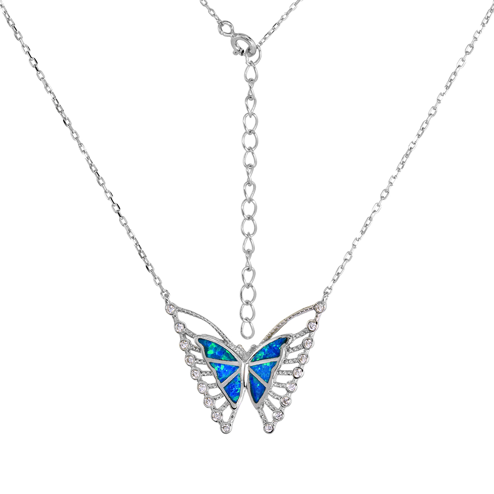 Sterling Silver Synthetic Opal Butterfly Necklace for Women Cubic Zirconia Accent Rho fits 18-20 inch