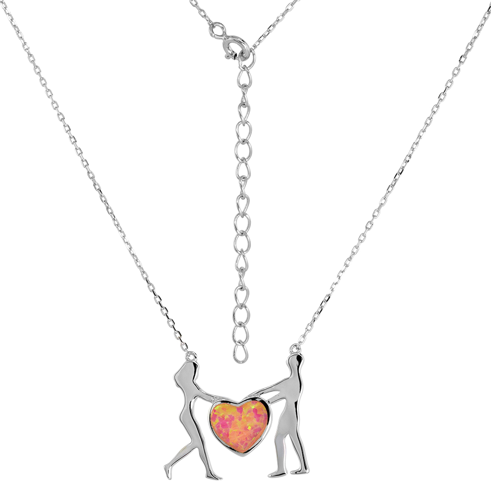 Sterling Silver Synthetic Pink Opal Man and Woman Holding Heart Necklace for Women fits 18-20 inch