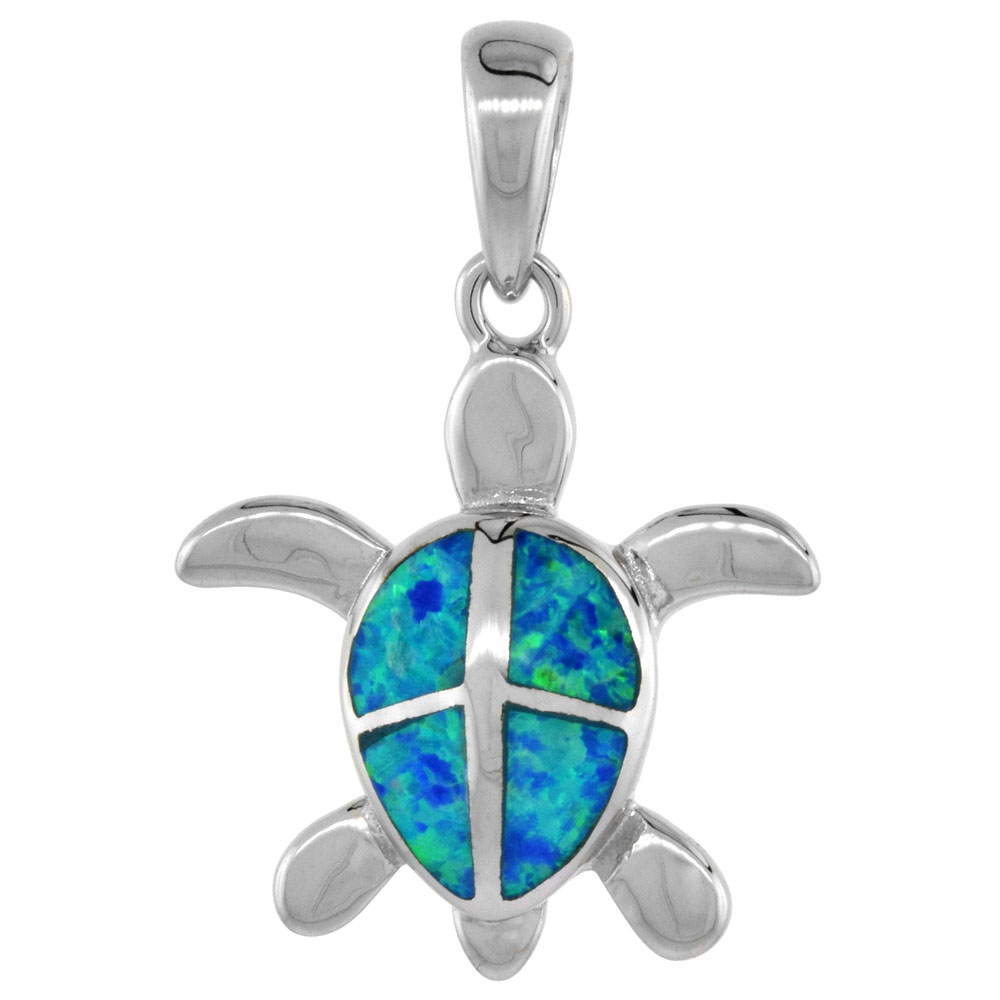 STERLING SILVER SYNTHETIC OPAL HAWAIIAN SEA TURTLE PENDANT FOR WOMEN HAND INLAY 3/4 INCH