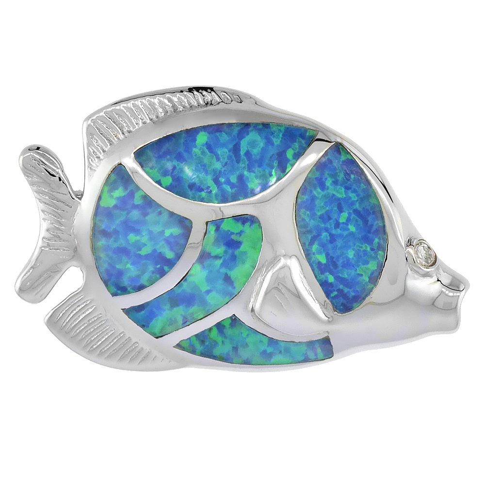 STERLING SILVER SYNTHETIC OPAL TROPICAL FISH PENDANT FOR WOMEN HAND INLAY & CZ STONES 1 1/16 INCH WIDE