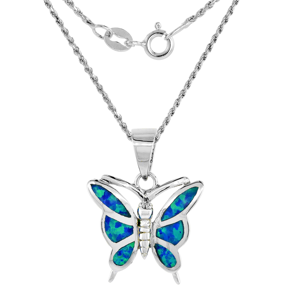 Sterling Silver Synthetic Opal Butterfly Necklace for Women Hand Inlay 5/8 inch