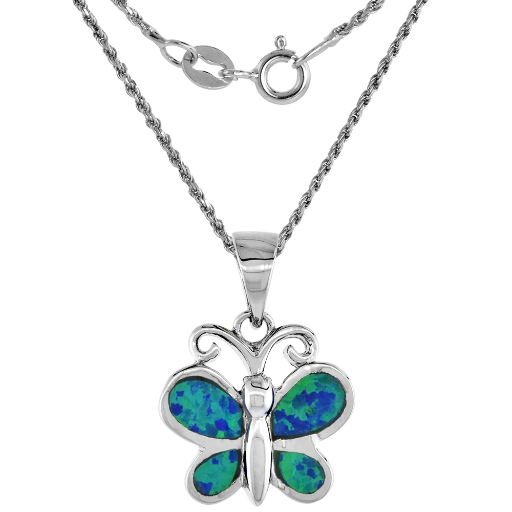 Sterling Silver Synthetic Opal Butterfly Necklace for Women Hand Inlay 5/8 inch