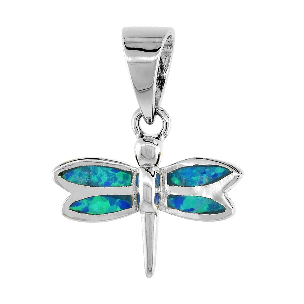 Sterling Silver Synthetic Opal Tiny Dragonfly Pendant for Women Hand Inlay 9/16 inch