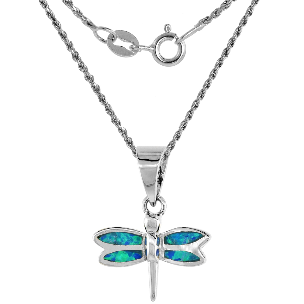 Sterling Silver Synthetic Opal Tiny Dragonfly Necklace for Women Hand Inlay 9/16 inch