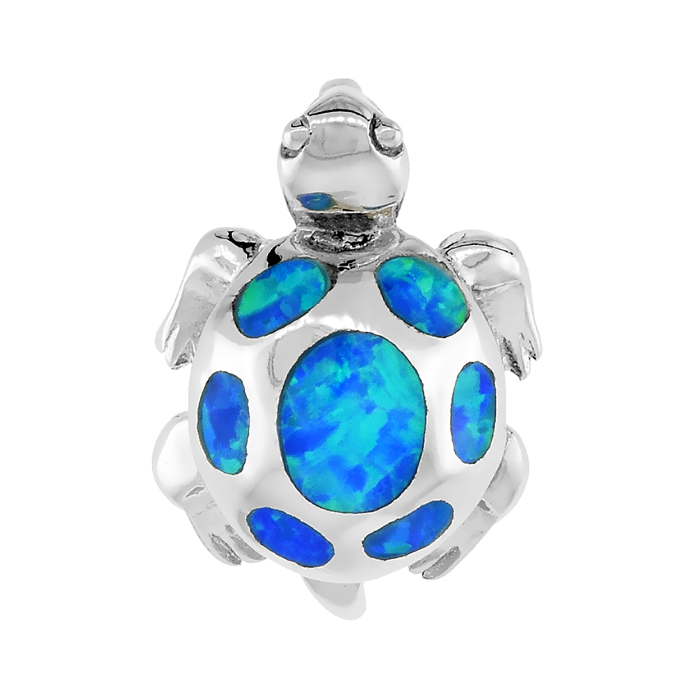 Sterling Silver Synthetic Opal Small Sea Turtle Pendant for Women Hand Inlay 1/2 inch