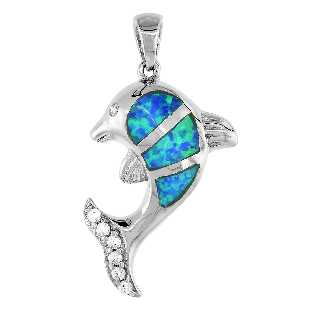 Sterling Silver Synthetic Opal Dolphin Pendant for Women Hand Inlay CZ stones 9/16 inch