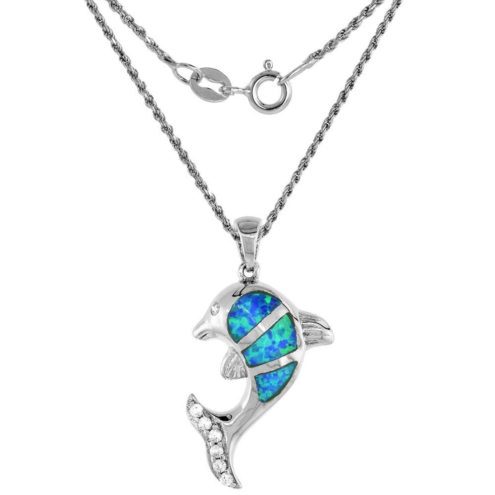 Sterling Silver Synthetic Opal Dolphin Necklace for Women Hand Inlay CZ stones 9/16 inch