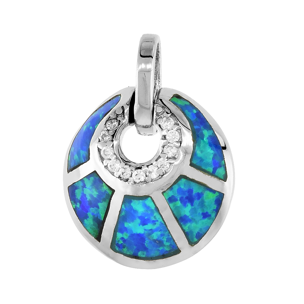 Sterling Silver Synthetic Opal Shell Pendant for Women CZ Accent Hand Inlay 9/16 inch