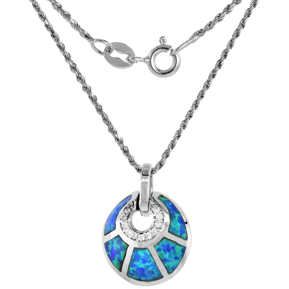 Sterling Silver Synthetic Opal Shell Necklace for Women CZ Accent Hand Inlay 9/16 inch