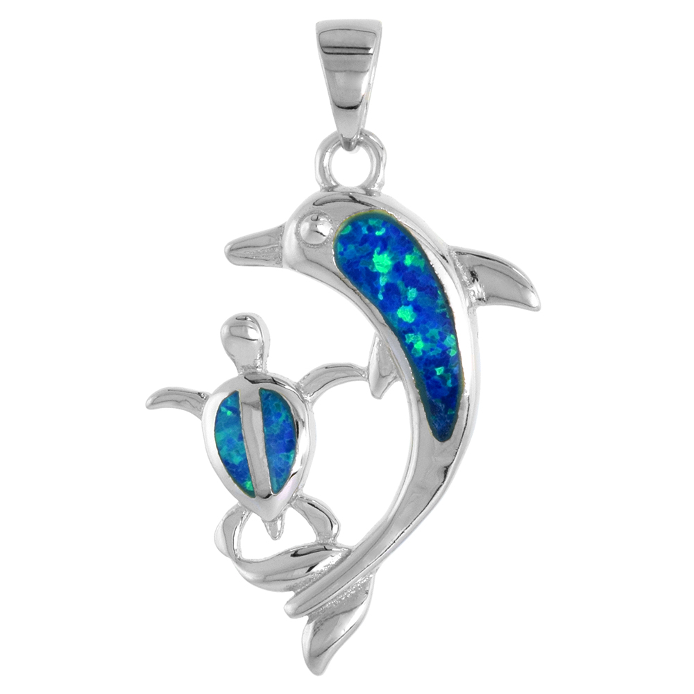 STERLING SILVER SYNTHETIC OPAL DOLPHIN AND HAWAII TURTLE PENDANT 1 INCH LONG