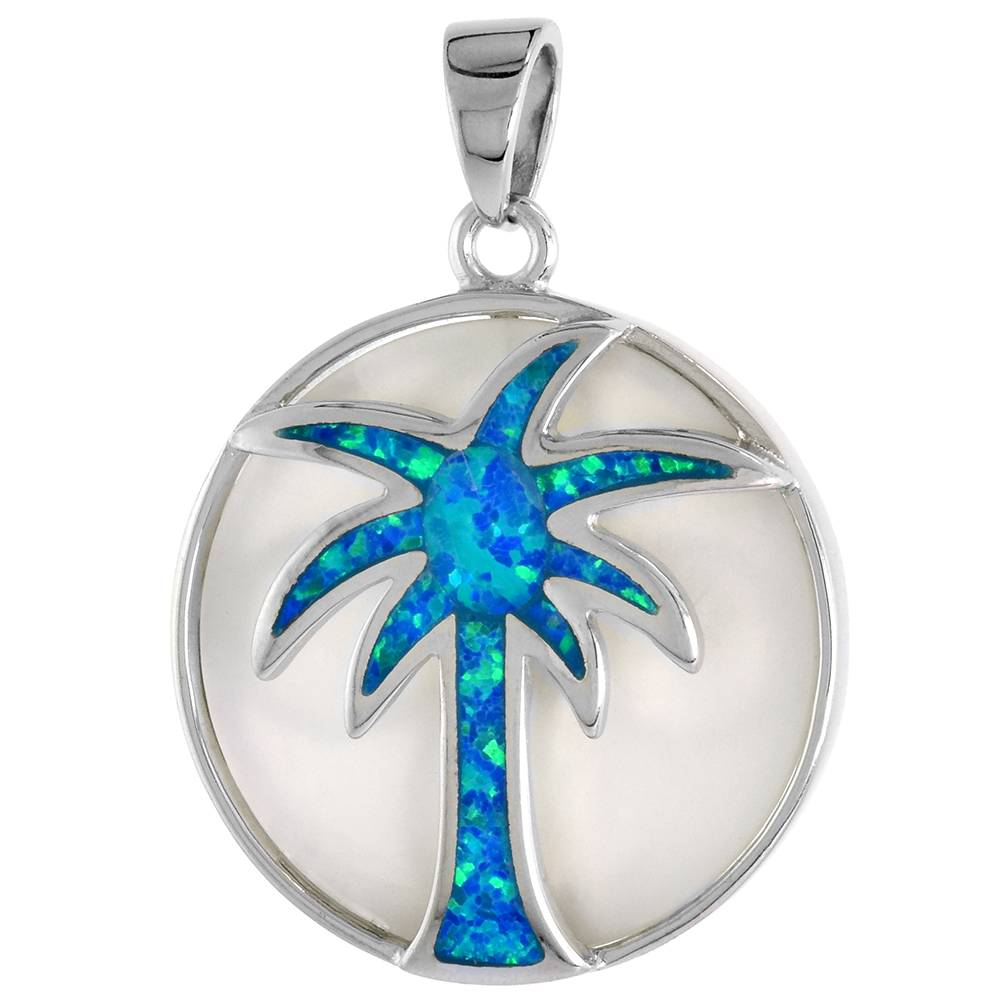 STERLING SILVER SYNTHETIC OPAL PALM TREE PENDANT FOR MEN & WOMEN WHITE MOTHER OF PEARL 1 INCH DISK