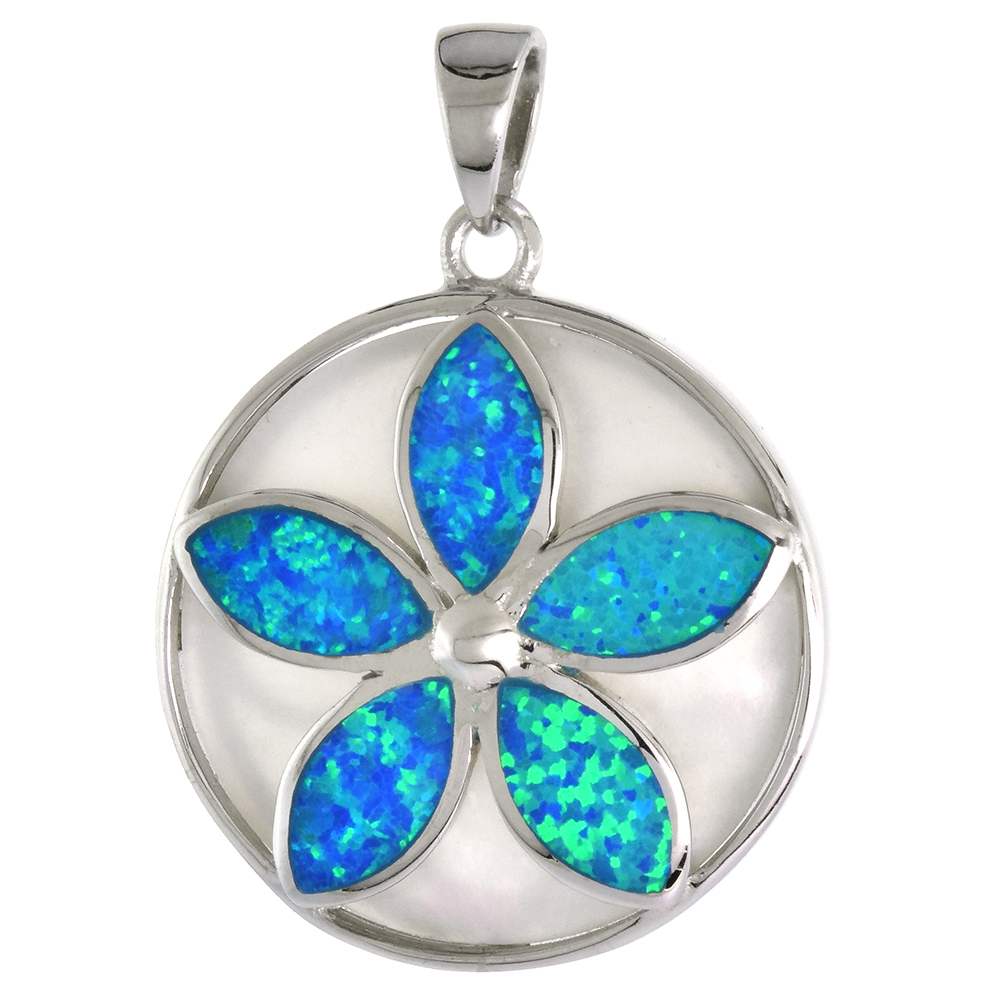 Sterling Silver Synthetic Opal Plumeria Pendant for Men &amp; Women Mother of Pearl 1 inch Disk
