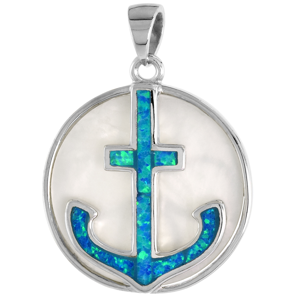 Sterling Silver Synthetic Opal Anchor Pendant for Men & Women Mother of Pearl 1 inch Disk