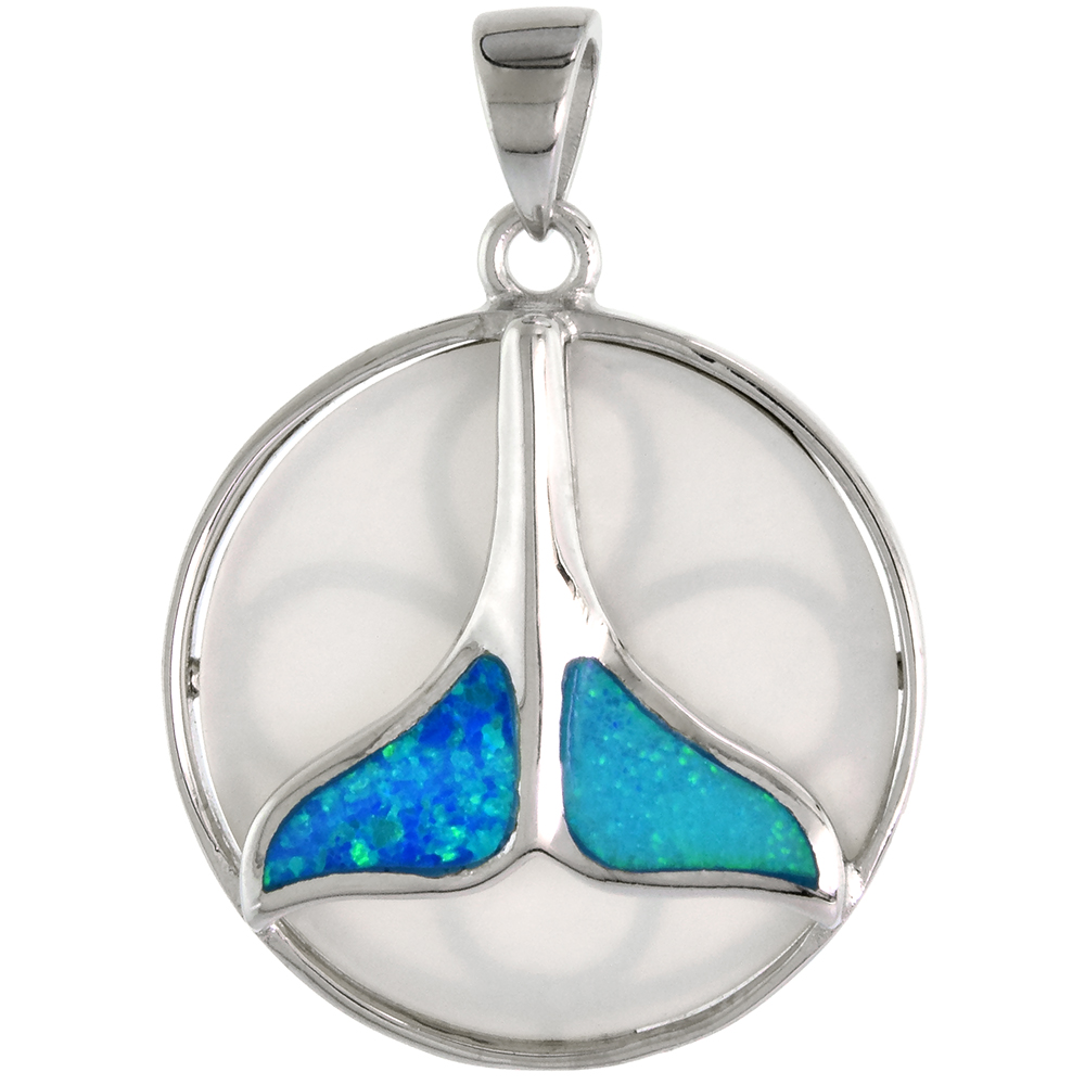 Sterling Silver Synthetic Opal Whale Tail Pendant for Men &amp; Women Mother of Pearl 1 inch Disk