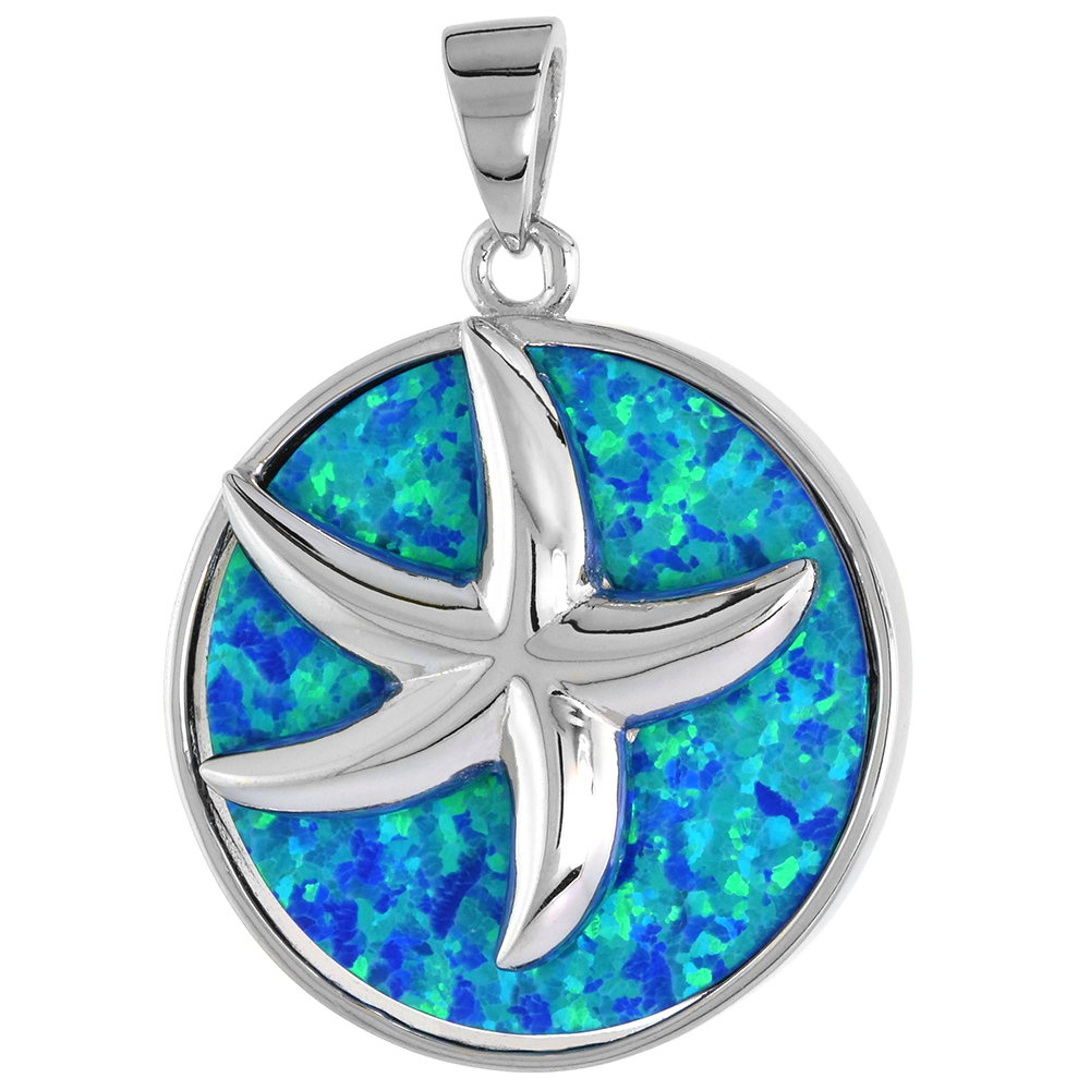 Sterling Silver Synthetic Opal Starfish Pendant for Men & Women 1 inch Disk