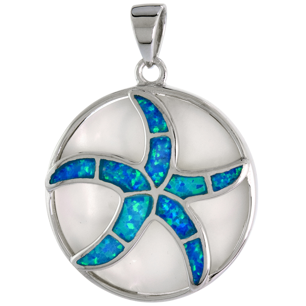 Sterling Silver Synthetic Opal Starfish Pendant for Men &amp; Women Mother of Pearl 1 inch Disk