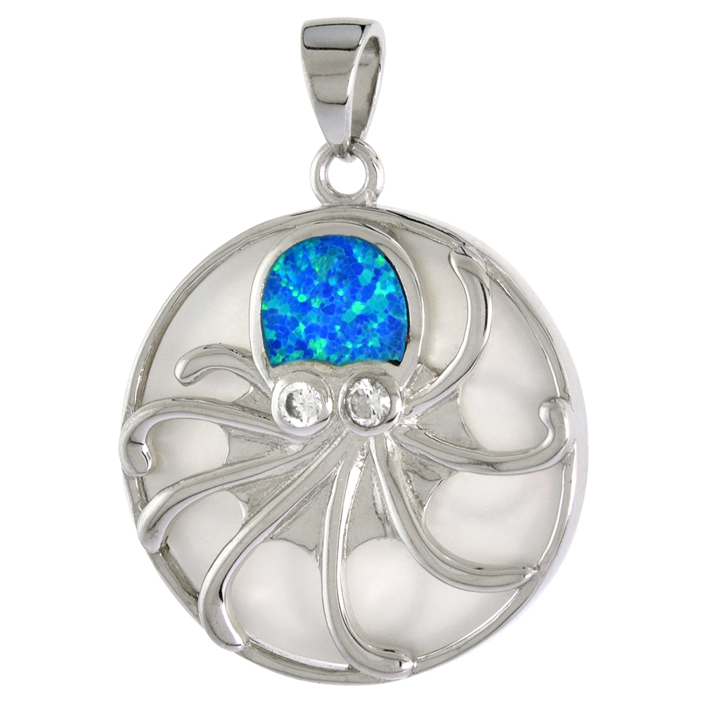 STERLING SILVER SYNTHETIC OPAL OCTOPUS PENDANT FOR MEN & WOMEN MOTHER OF PEARL 1 INCH DISK