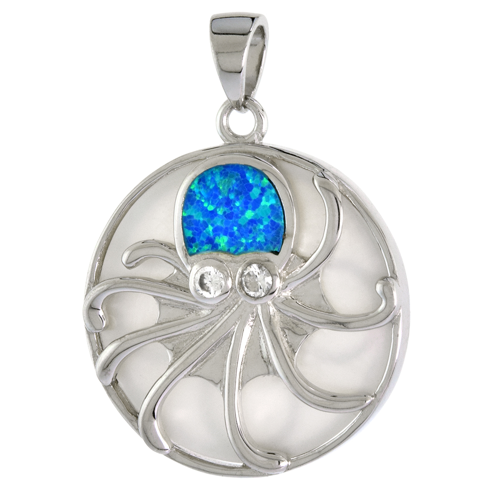 Sterling Silver Synthetic Opal Octopus Pendant for Men & Women Mother of Pearl 1 inch Disk