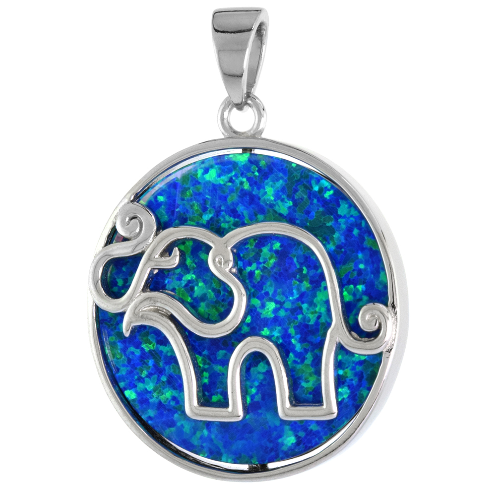 Sterling Silver Synthetic Opal Elephant Pendant for Men & Women Cut-out 1 inch Disk