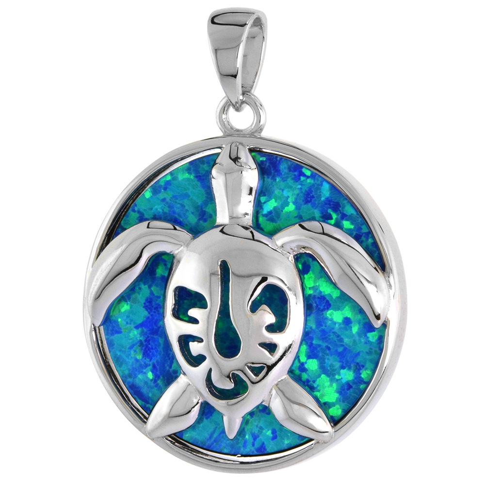 STERLING SILVER SEA TURTLE PENDANT FOR MEN & WOMEN HAWAII HONU SYNTHETIC OPAL 1 INCH DISK