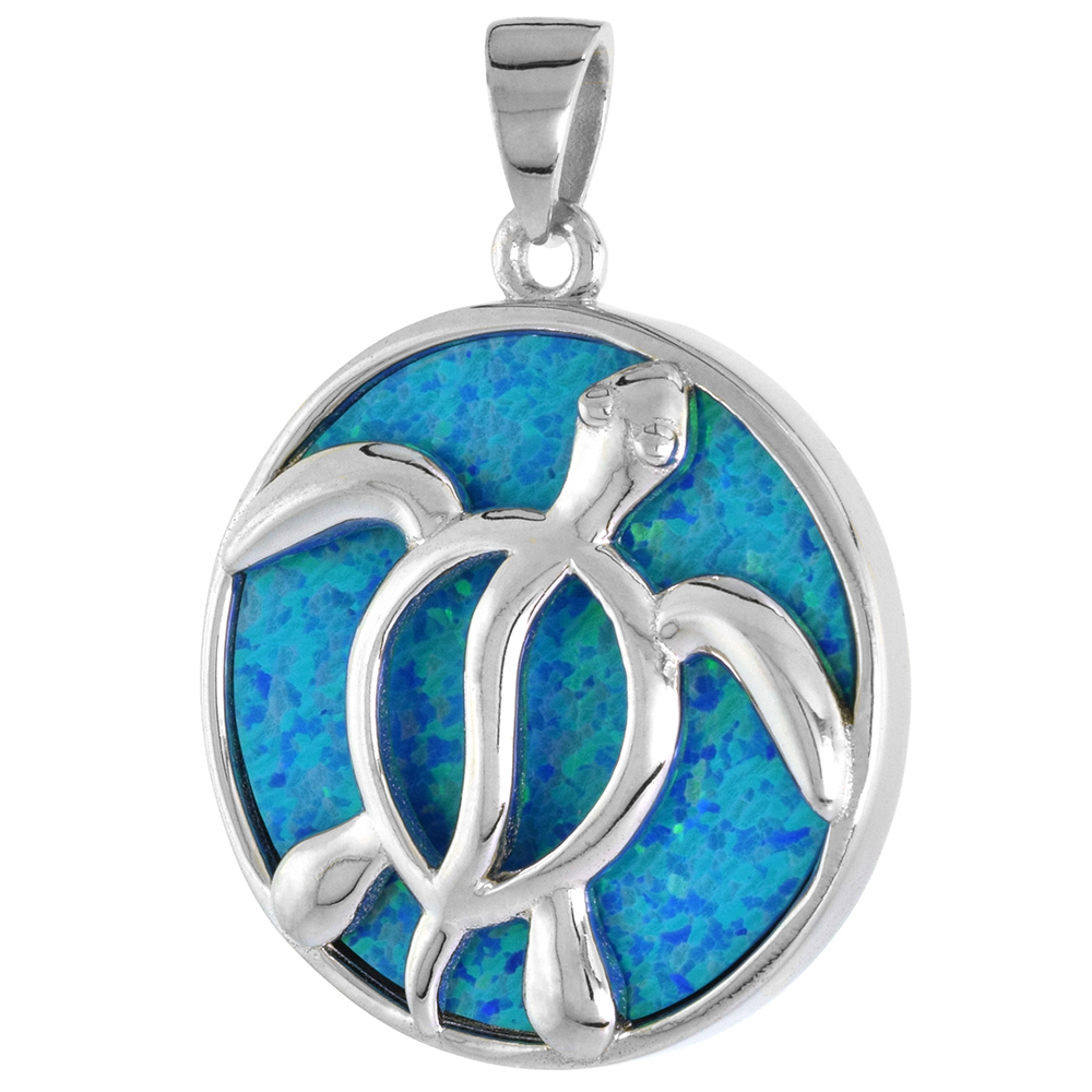 Sterling Silver Synthetic Opal Hawaii Honu Sea Turtle Pendant for Men &amp; Women Cut-out 1 inch Disk