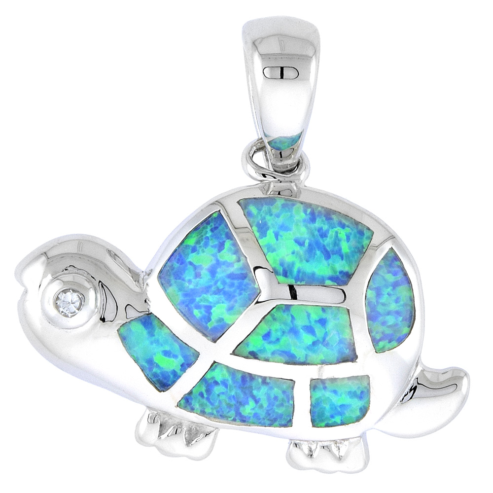 STERLING SILVER SYNTHETIC OPAL TURTLE PENDANT FOR WOMEN HAND INLAY & CZ STONES 1 INCH WIDE