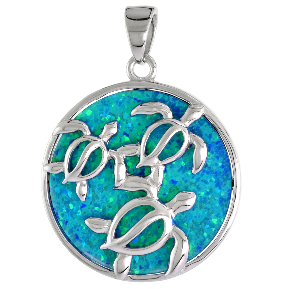 Sterling Silver Hawaii Honu Sea Turtles Pendant for Men &amp; Women Synthetic Opal 1 inch Disk
