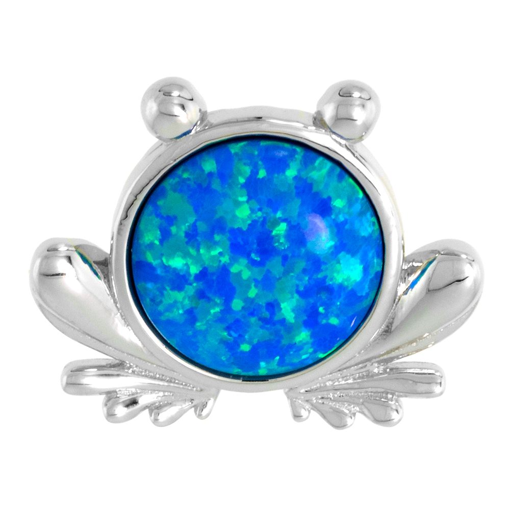 STERLING SILVER SYNTHETIC OPAL FROG PENDANT FOR WOMEN 11MM ROUND CABOCHON 11/16 INCH W/ NO CHAIN