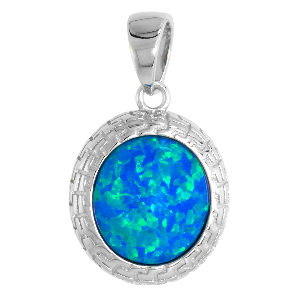 STERLING SILVER SYNTHETIC 10MM ROUND CABOCHON OPAL PENDANT FOR WOMEN ENGRAVED BEZEL 5/8 INCH W/ NO CHAIN
