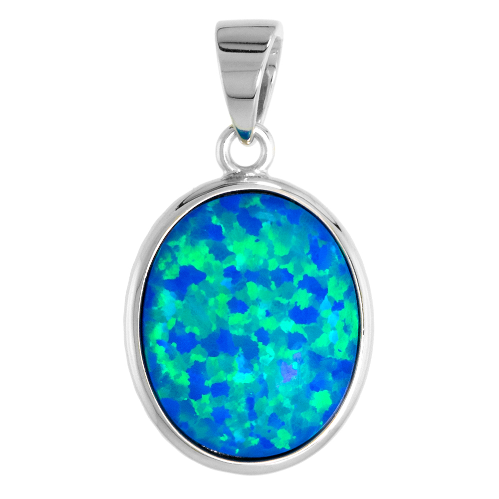 STERLING SILVER SYNTHETIC 12X15MM OVAL CABOCHON OPAL PENDANT FOR WOMEN 5/8 INCH W/ NO CHAIN