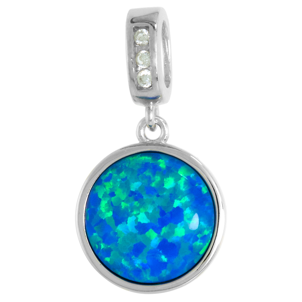 STERLING SILVER SYNTHETIC 12MM ROUND CABOCHON OPAL PENDANT FOR WOMEN CZ BAIL 1/2 INCH W/ NO CHAIN