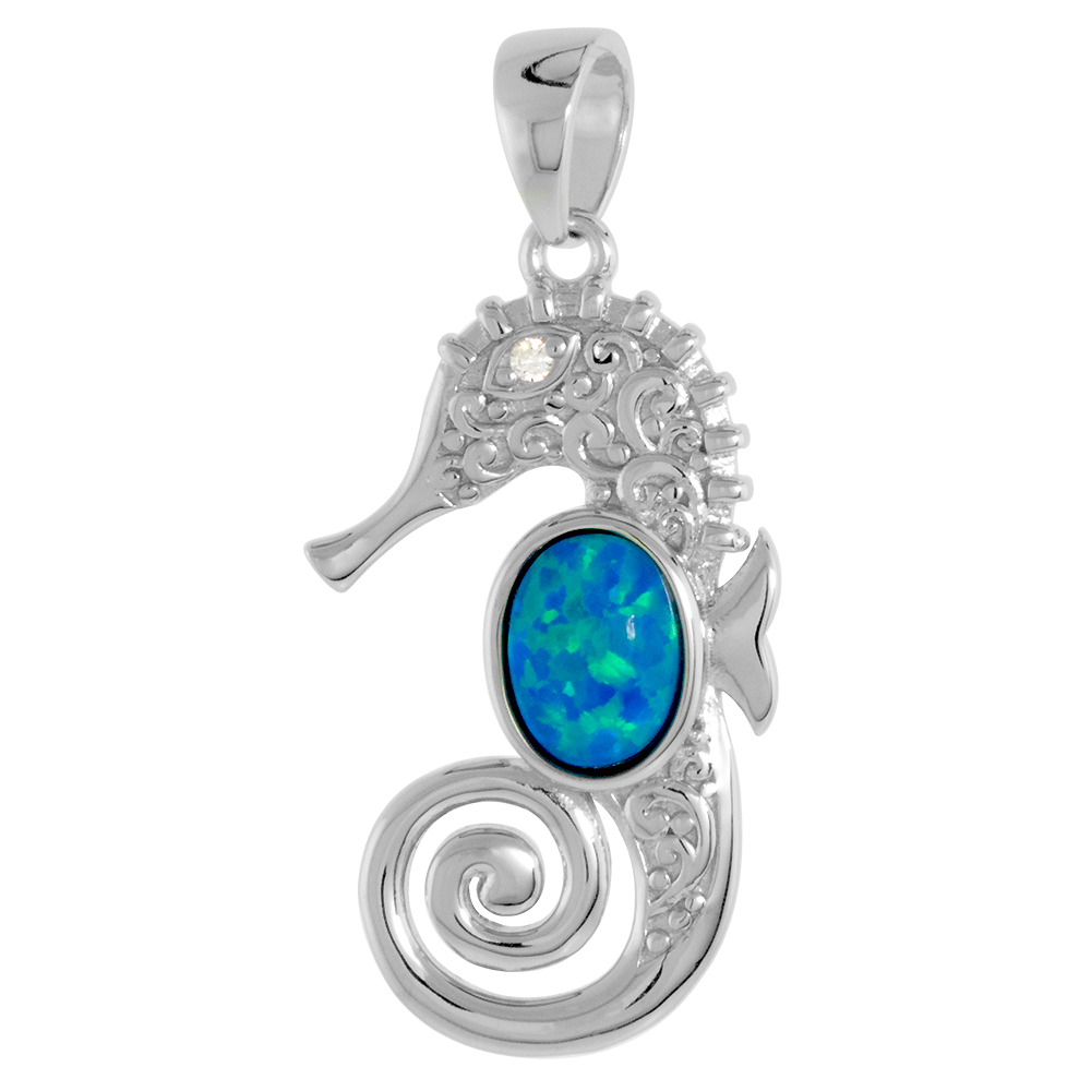 Sterling Silver Synthetic Opal Seahorse Pendant 7x5mm Oval Cabochon CZ Eyes 1 inch w/ NO Chain