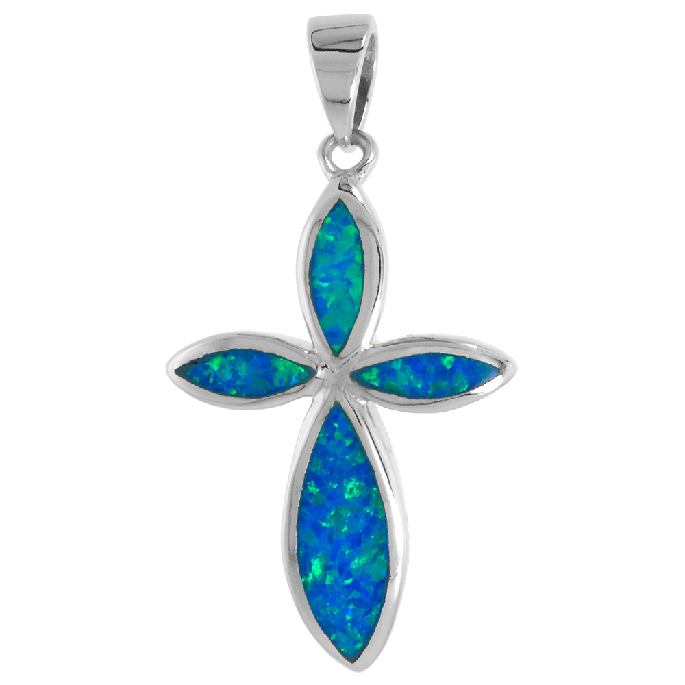 STERLING SILVER SYNTHETIC OPAL EVERLASTING CROSS PENDANT FOR WOMEN 1 1/16 INCH W/ NO CHAIN