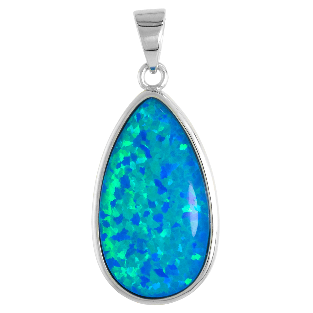 Sterling Silver Synthetic 22x12 mm Teardrop Cabochon Opal Pendant for Women 1 inch w/ NO Chain