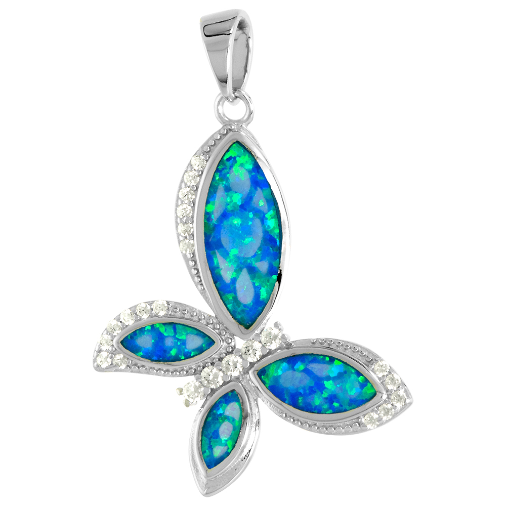 STERLING SILVER SYNTHETIC OPAL SIDEWAY BUTTERFLY PENDANT FOR WOMEN CZ ACCENT 1 1/8 INCH W/ NO CHAIN