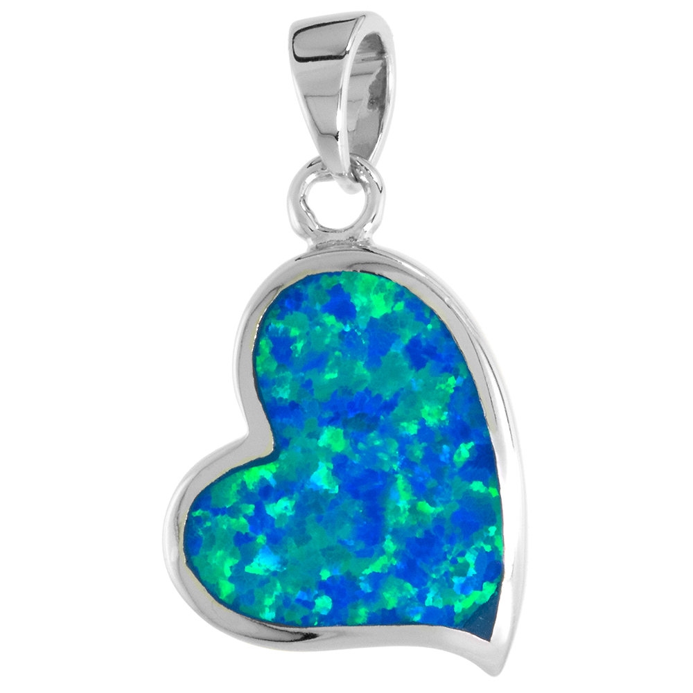 STERLING SILVER SYNTHETIC OPAL SIDEWAY HEART PENDANT FOR WOMEN 11/16 INCH W/ NO CHAIN