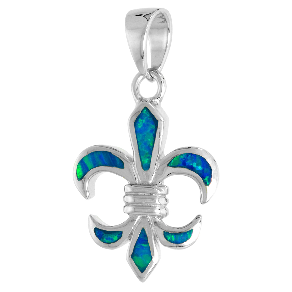 STERLING SILVER SYNTHETIC OPAL FLEUR DE LIS PENDANT FOR WOMEN 3/4 INCH W/ NO CHAIN