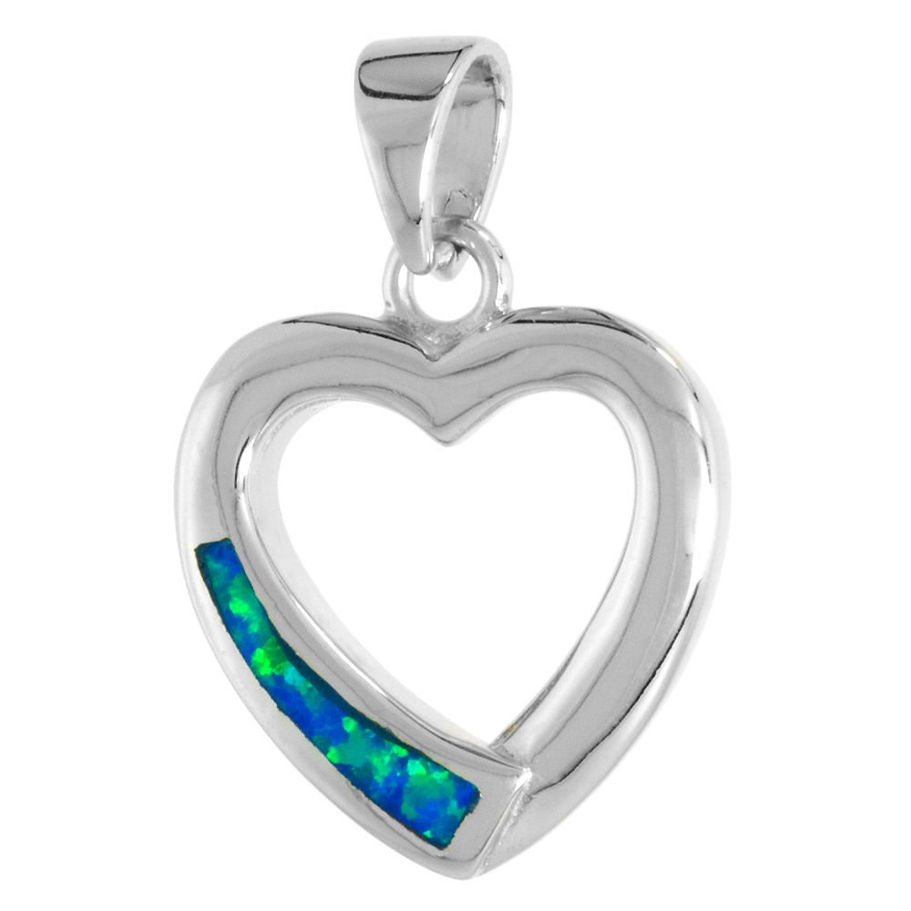 Sterling Silver Synthetic Opal Open Heart Necklace for Women 5/8 inch w/ 1mm Rope Chain